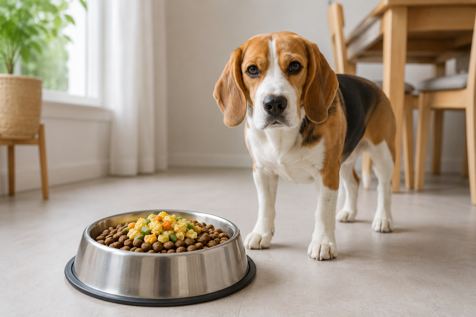 A small spoonful of veggie egg scramble served over a beagle’s regular dog food.