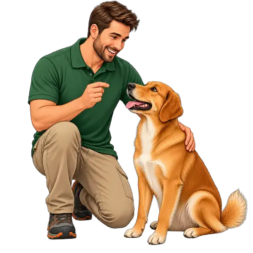 Online dog trainer working calmly with an attentive dog