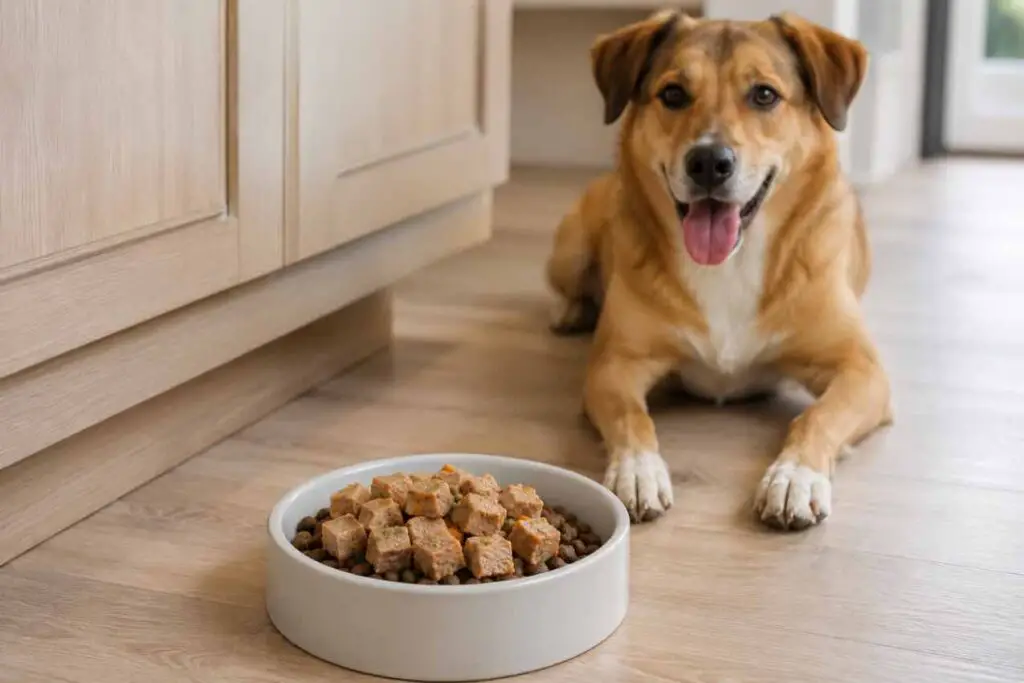 Turkey meatloaf served as a topper on a dog's regular food